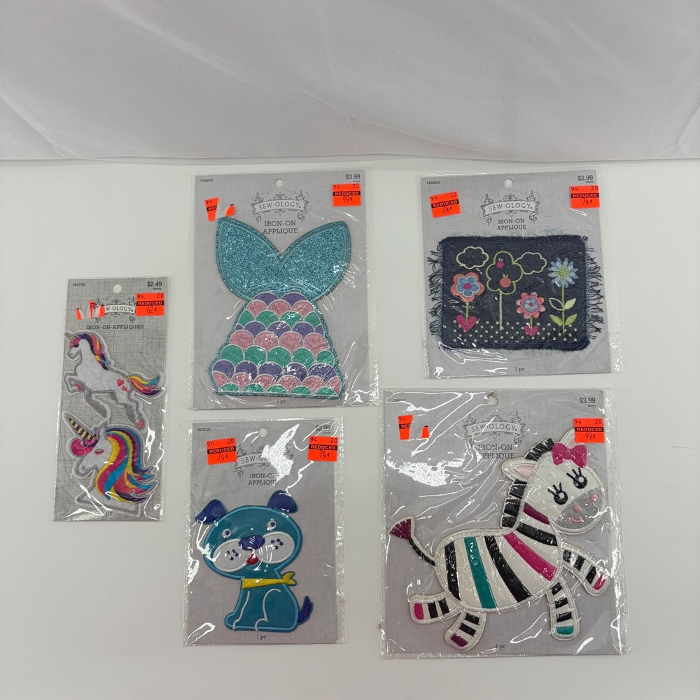 Sew-ology Iron On Applique Lot Mermaid Unicorn Zebra Dog Floral 5 Packs NEW
